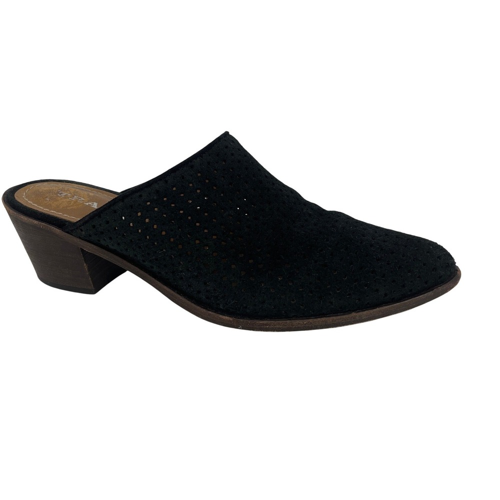 Trask Mules Women 9.5 Black Excellent Perforated Suede Block Heel Pointed Toe